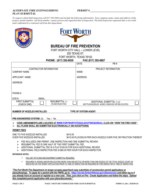 Form 1A Alternate Fire Extinguishing Plan Submittal - City of Fort Worth, Texas