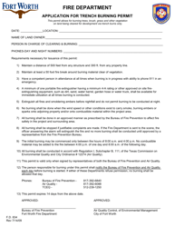 Document preview: Form F.D.834 Application for Trench Burning Permit - City of Fort Worth, Texas