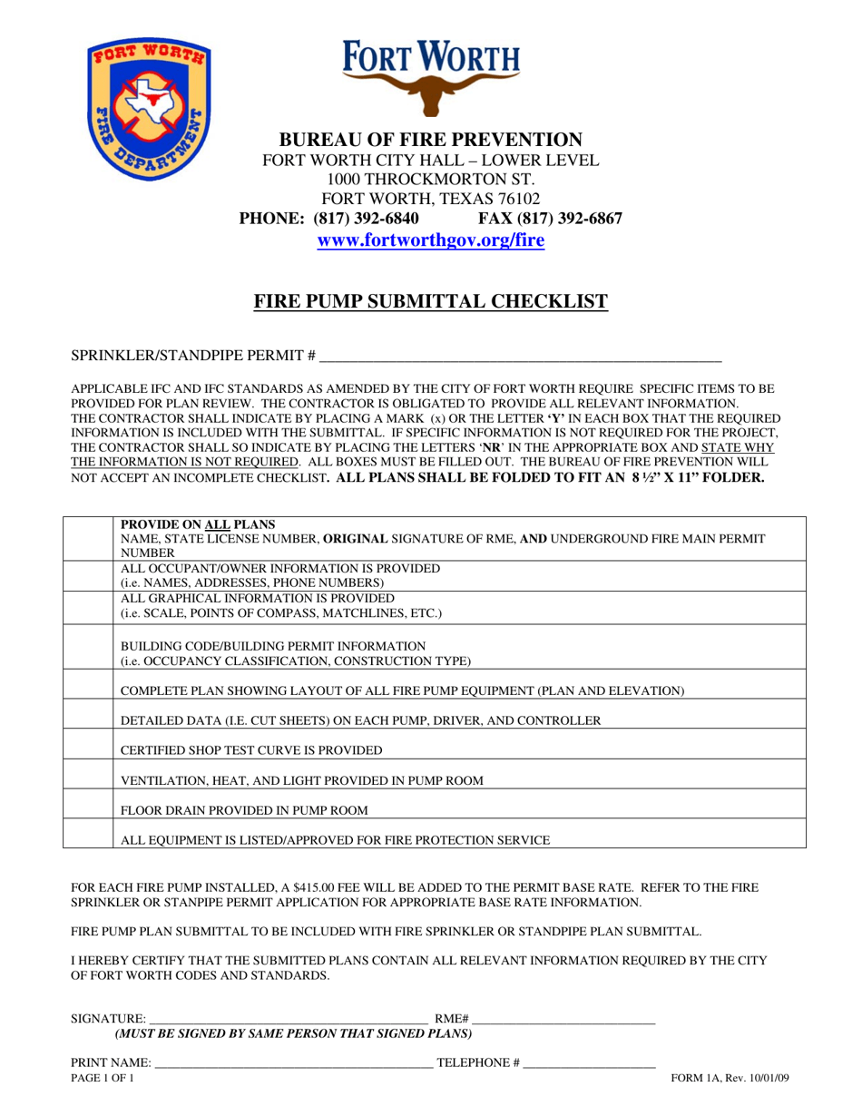 Form 1A Fire Pump Submittal Checklist - City of Fort Worth, Texas, Page 1