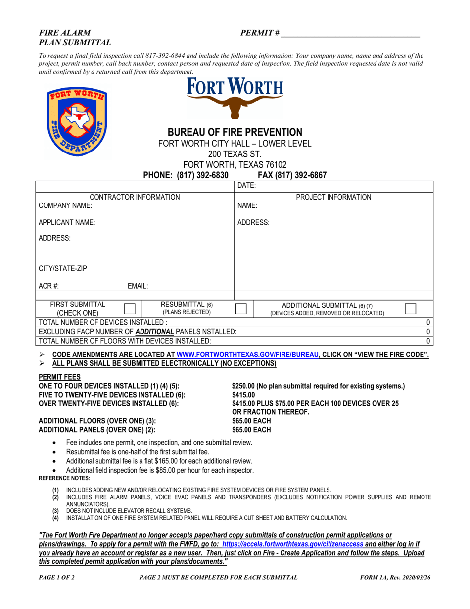 Form 1A Fire Alarm Plan Submittal - City of Fort Worth, Texas, Page 1