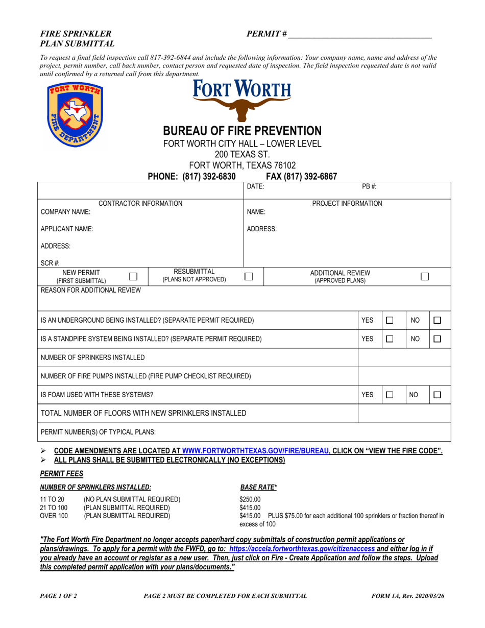 Form 1A Fire Sprinkler Plan Submittal - City of Fort Worth, Texas, Page 1