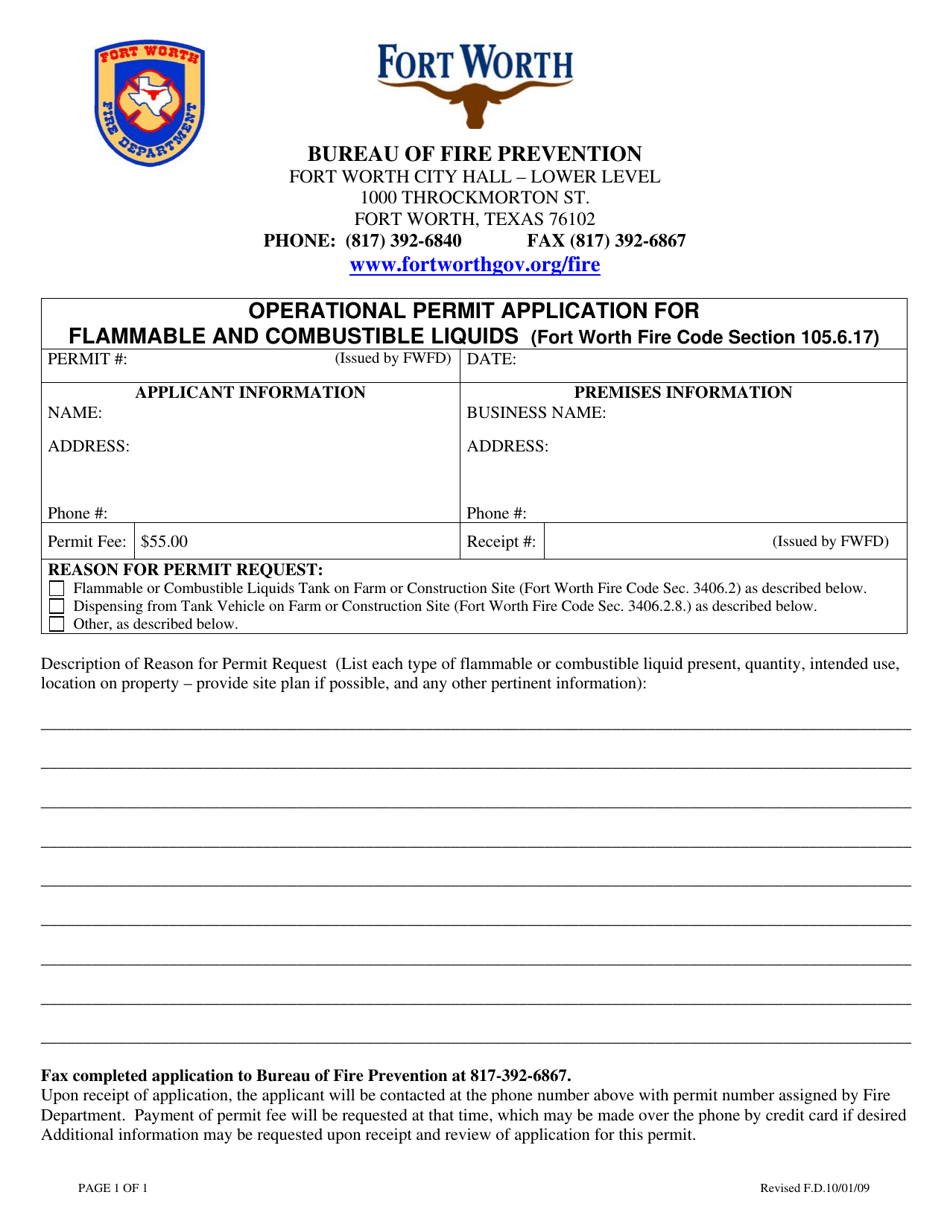 Operational Permit Application for Flammable and Combustible Liquids - City of Fort Worth, Texas, Page 1