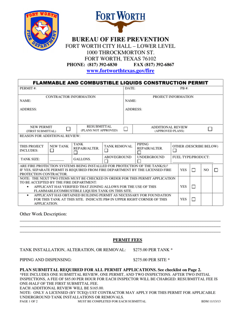 Flammable and Combustible Liquids Construction Permit - City of Fort Worth, Texas Download Pdf
