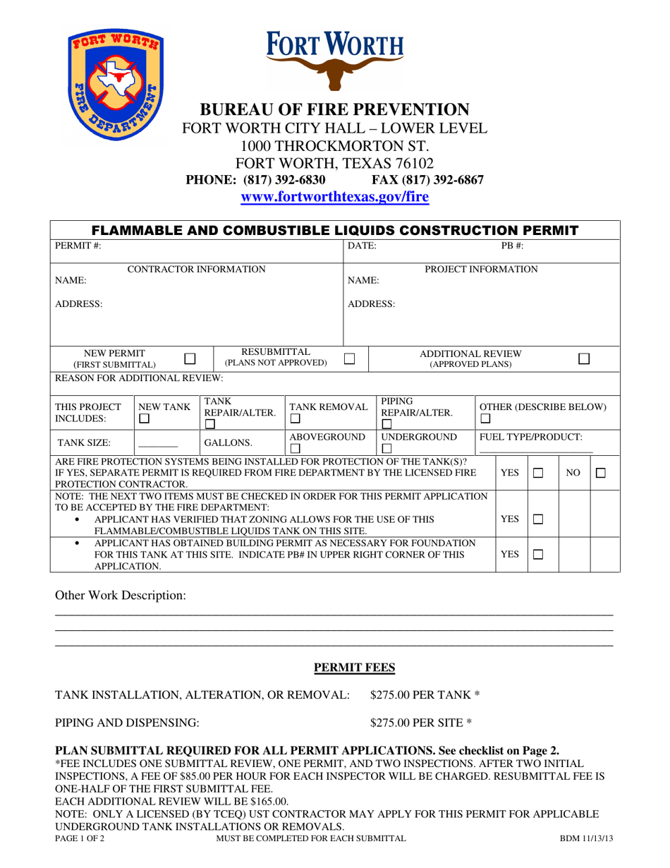 Flammable and Combustible Liquids Construction Permit - City of Fort Worth, Texas, Page 1