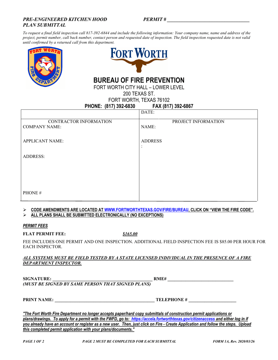 Pre Engineered Kitchen Report.pdf Form 1A - Fill Out, Sign Online and Download Fillable PDF, City of Fort ...