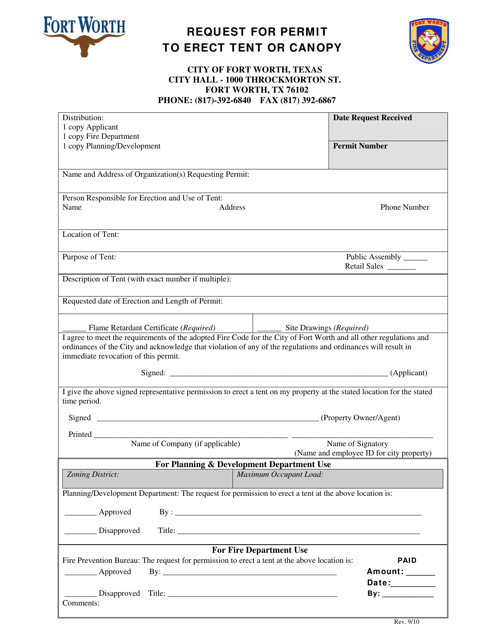 Request for Permit to Erect Tent or Canopy - City of Fort Worth, Texas Download Pdf