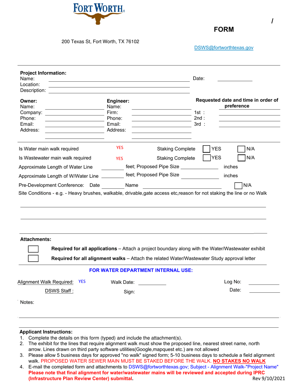 Water / Wastewater Alignment Walk Request - City of Fort Worth, Texas, Page 1