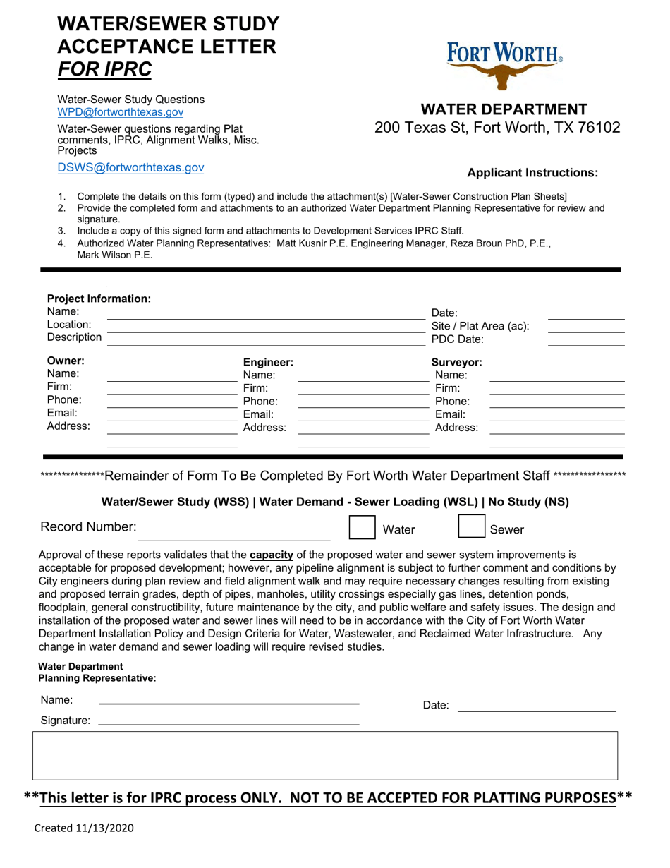Water / Sewer Study Acceptance Letter for Iprc - City of Fort Worth, Texas, Page 1