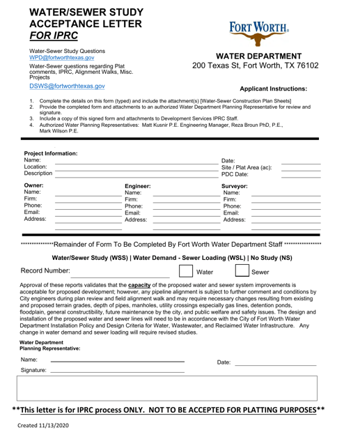 Water / Sewer Study Acceptance Letter for Iprc - City of Fort Worth, Texas Download Pdf
