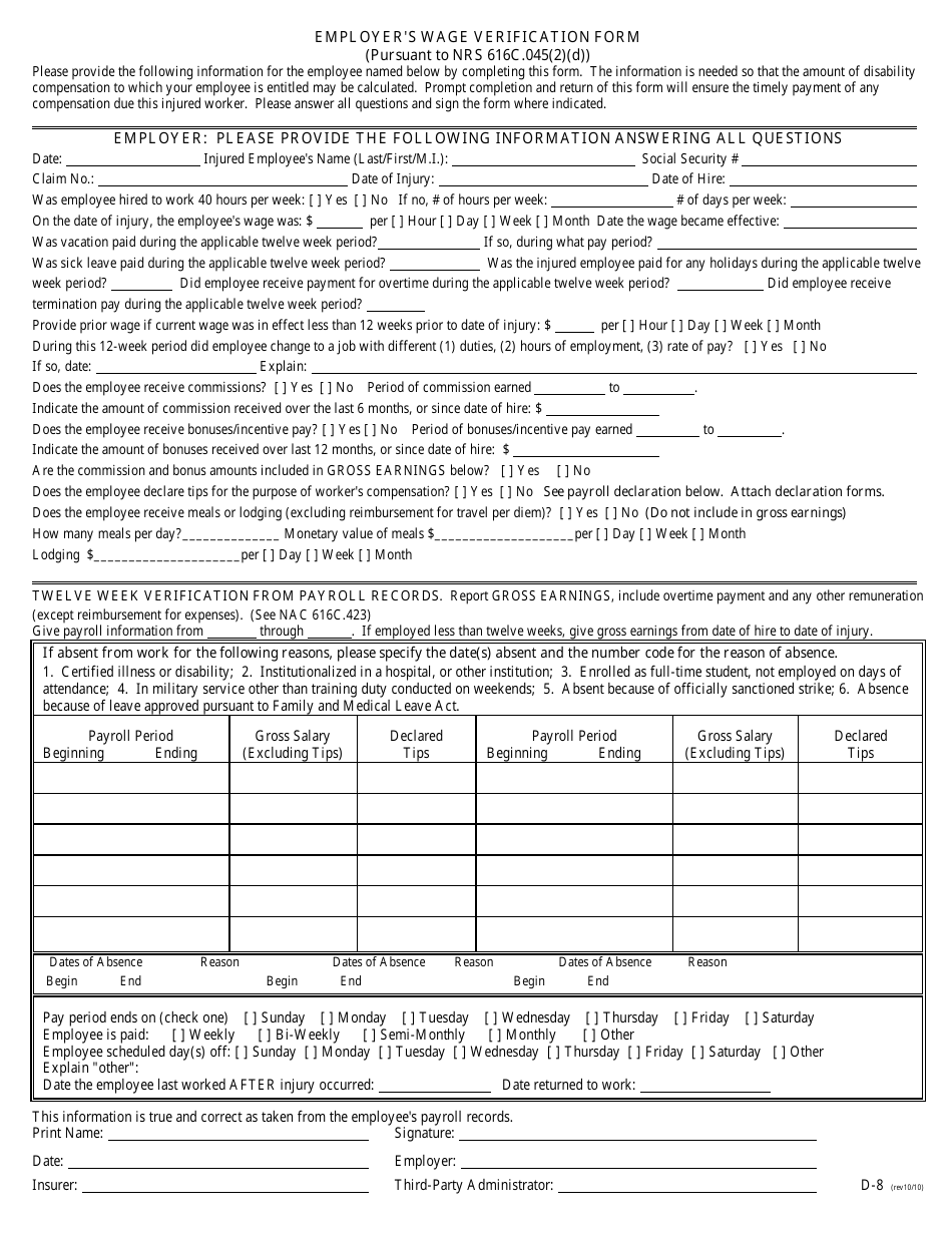 Form D-8 Employer's Wage Verification Form - Nevada, Page 1