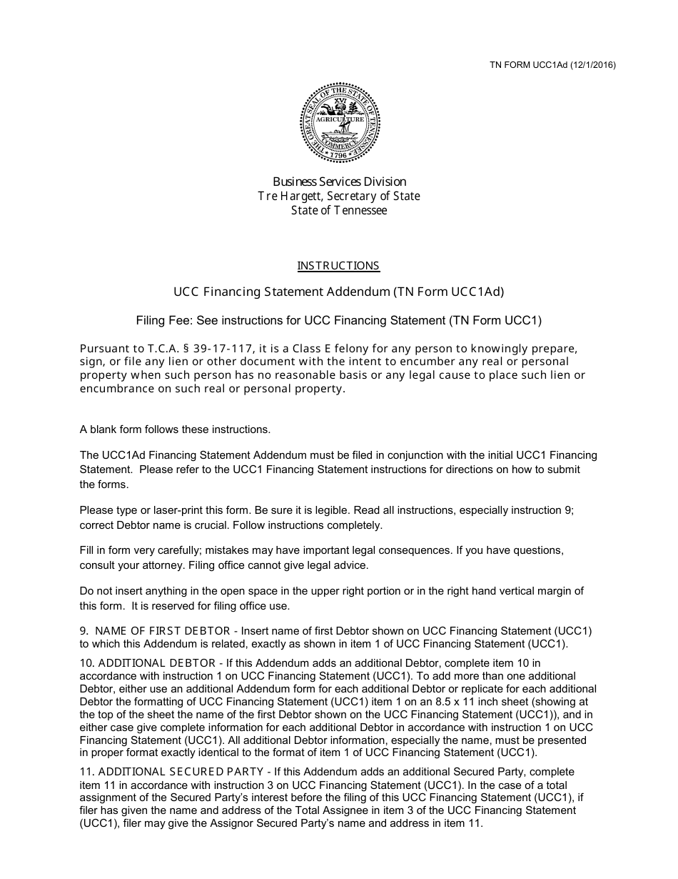 Form UCC1AD Ucc Financing Statement Addendum - Tennessee, Page 1