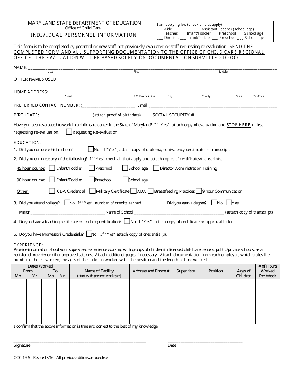 Form OCC1205 Individual Personnel Information - Maryland, Page 1