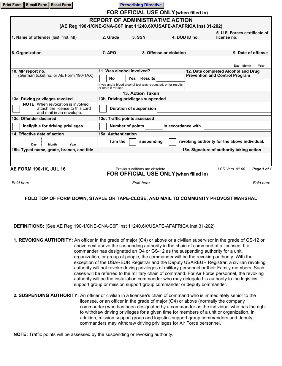 AE Form 190-1K Report of Administrative Action, Page 1