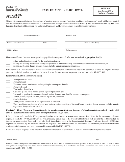 Form 51A158 Farm Exemption Certificate - Kentucky
