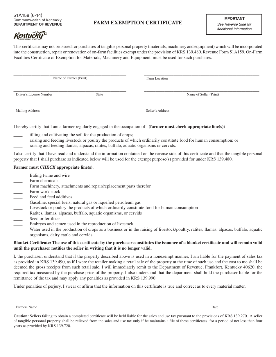 Form 51A158 Farm Exemption Certificate - Kentucky, Page 1