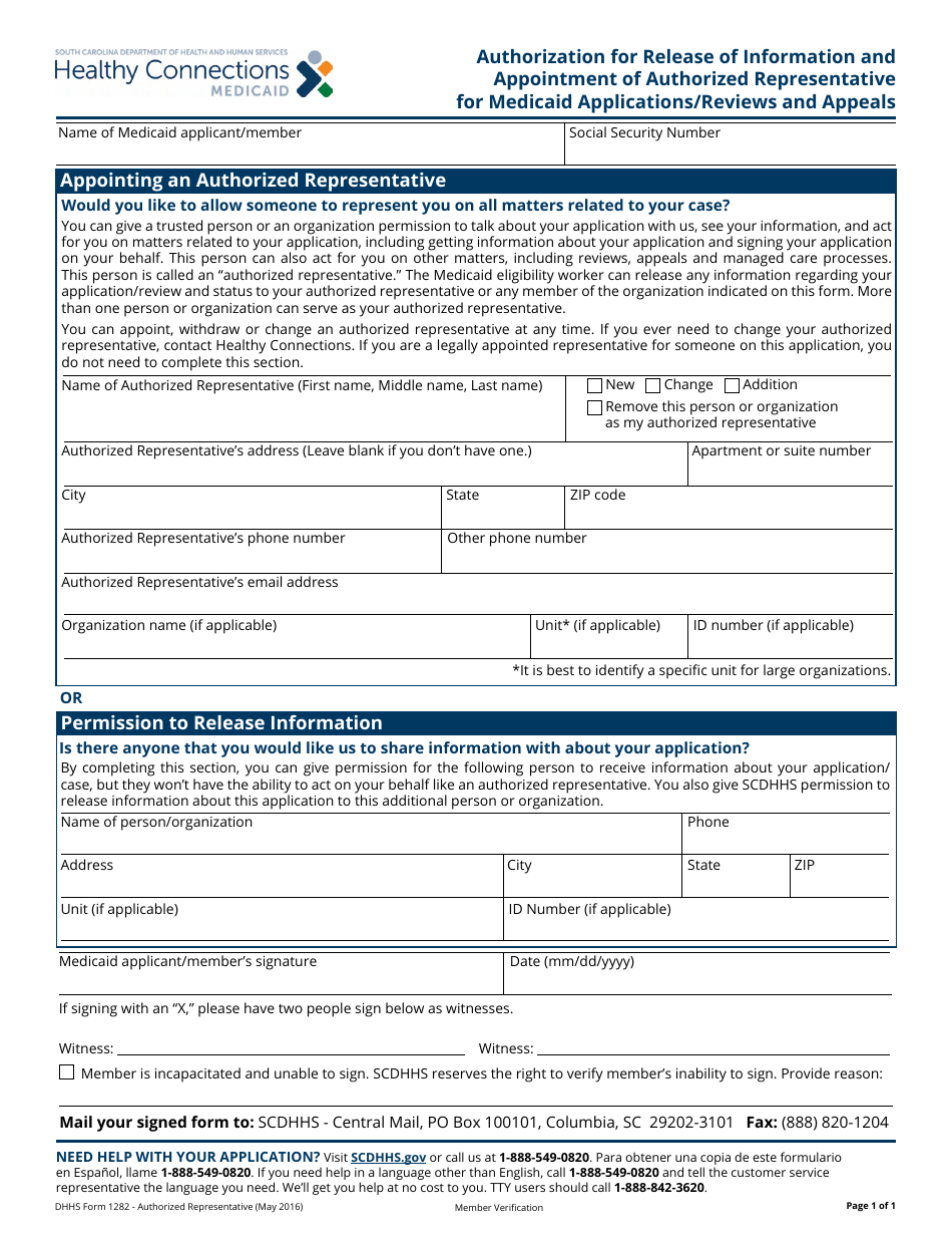 DHHS Form 1282 Authorization for Release of Information and Appointment of Authorized Representative for Medicaid Applications / Reviews and Appeals - South Carolina, Page 1