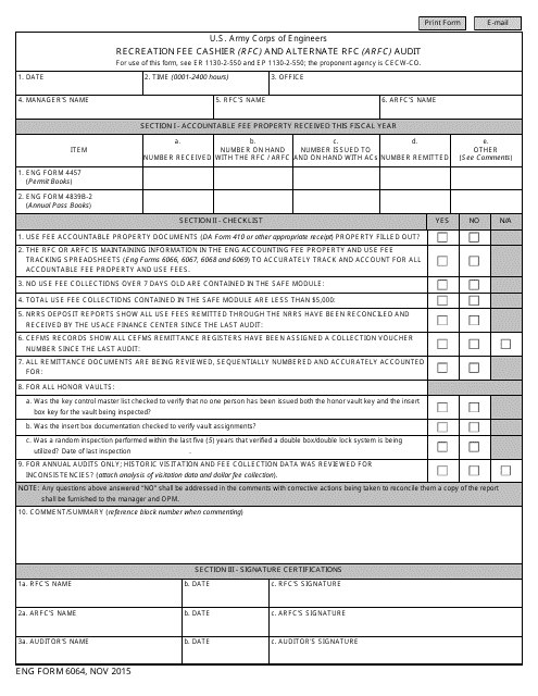 ENG Form 6064 Recreation Fee Cashier (Rfc) and Alternate Rfc (Arfc) Audit