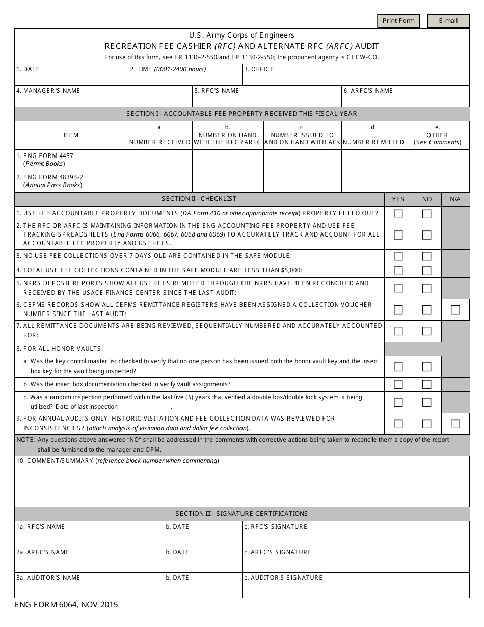 ENG Form 6064 Recreation Fee Cashier (Rfc) and Alternate Rfc (Arfc) Audit, Page 1