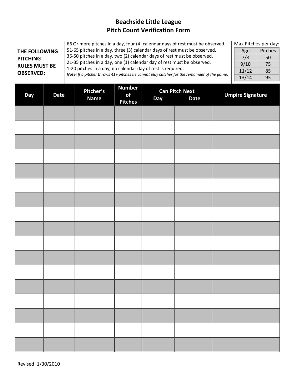 Pitch Count Verification Form, Page 1