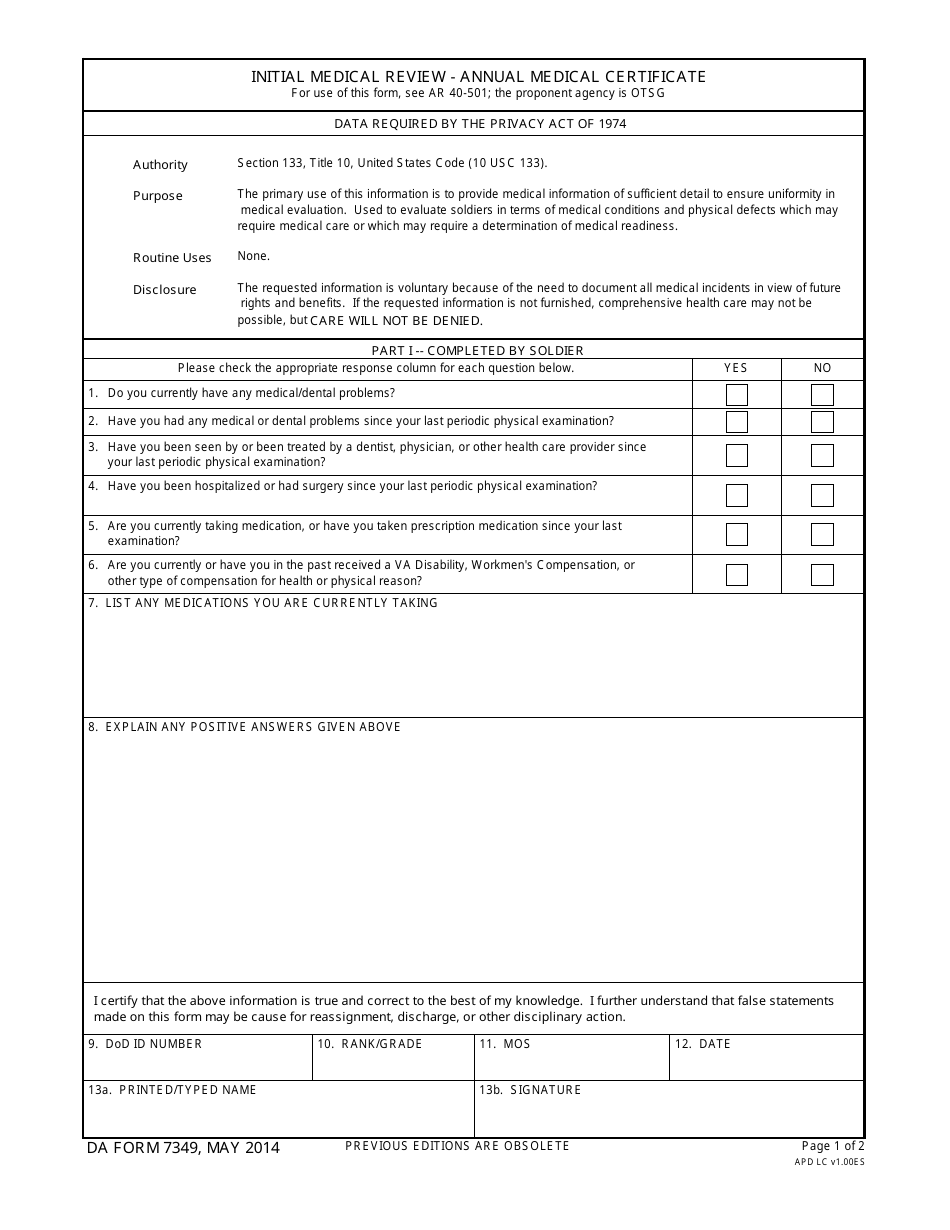 DA Form 7349 Initial Medical Review - Annual Medical Certificate, Page 1