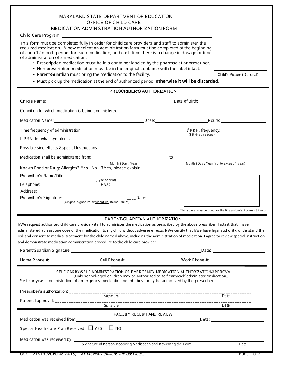 Form OCC1216 Medication Administration Authorization - Maryland, Page 1