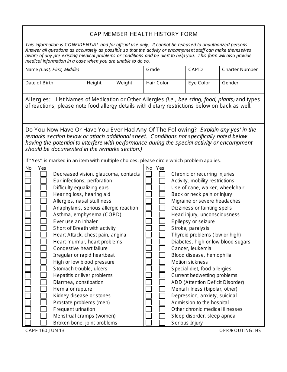 CAP Form 160 CAP Member Health History Form, Page 1