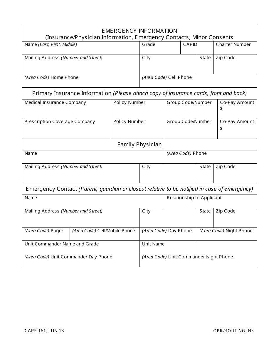 CAP Form 161 Emergency Information, Page 1