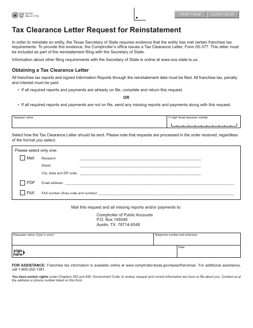 Form 05-391 Tax Clearance Letter Request for Reinstatement - Texas