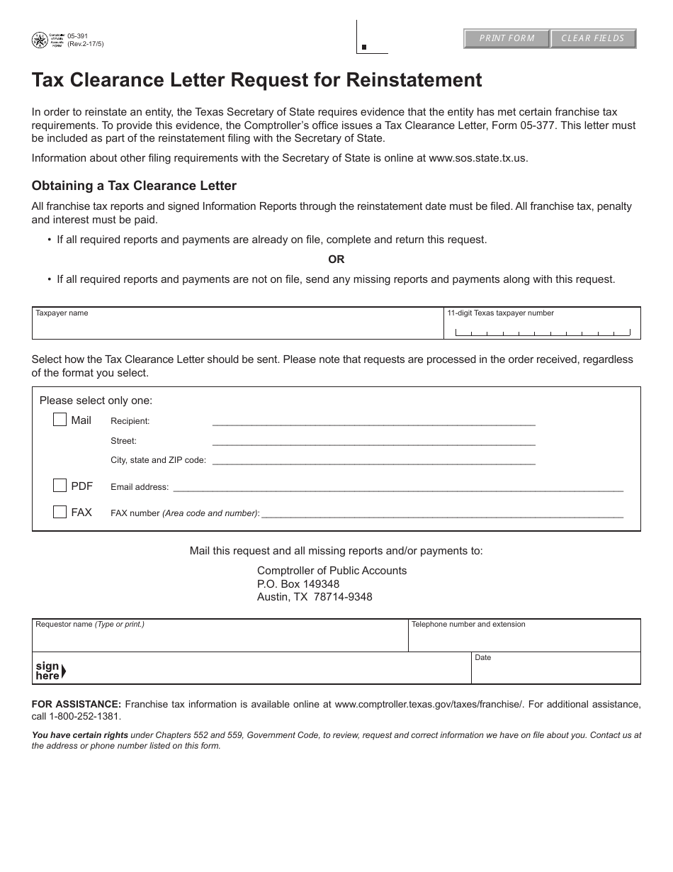 Form 05-391 Download Fillable PDF or Fill Online Tax Clearance Letter
