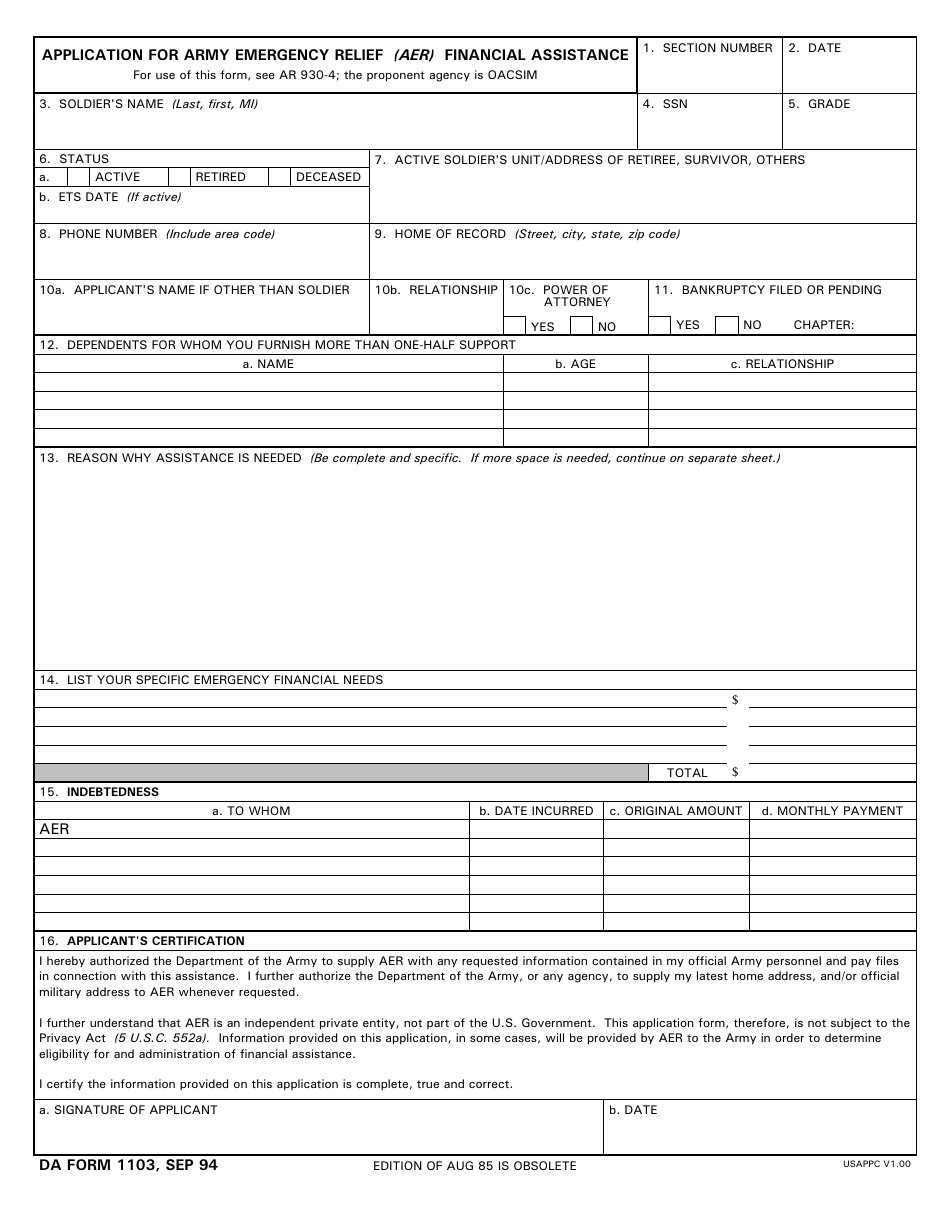 DA Form 1103 Application for Army Emergency Relief, Page 1