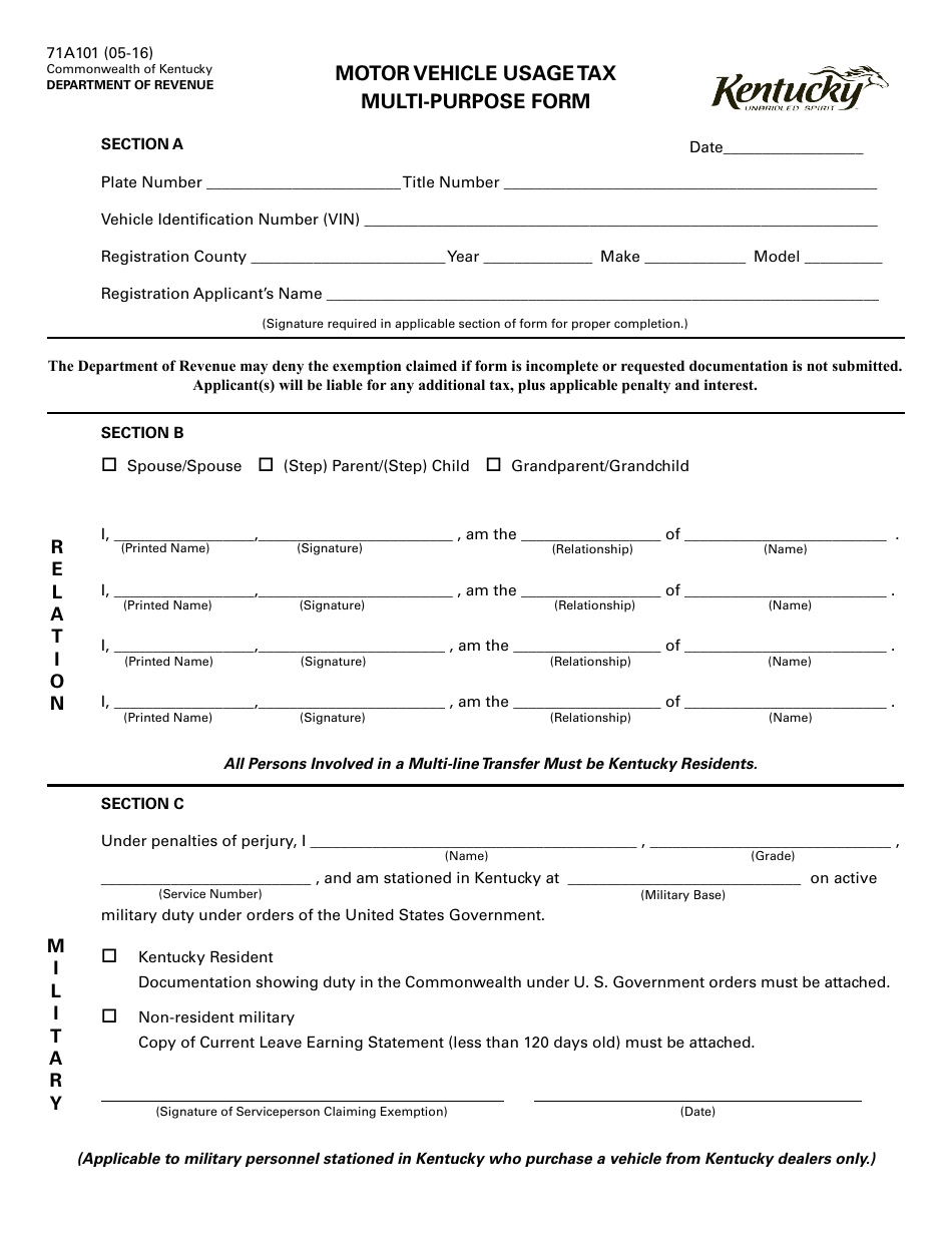 Form 71A101 Motor Vehicle Usage Tax Multi-Purpose Form - Kentucky, Page 1