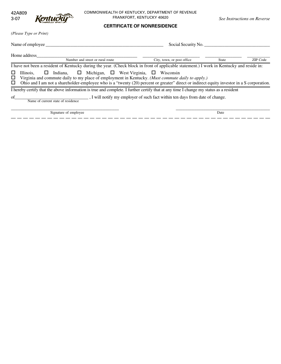 Form 42A809 Certificate of Nonresidence - Kentucky, Page 1