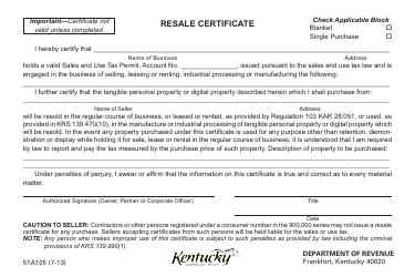 Document preview: Form 51A105 Resale Certificate - Kentucky