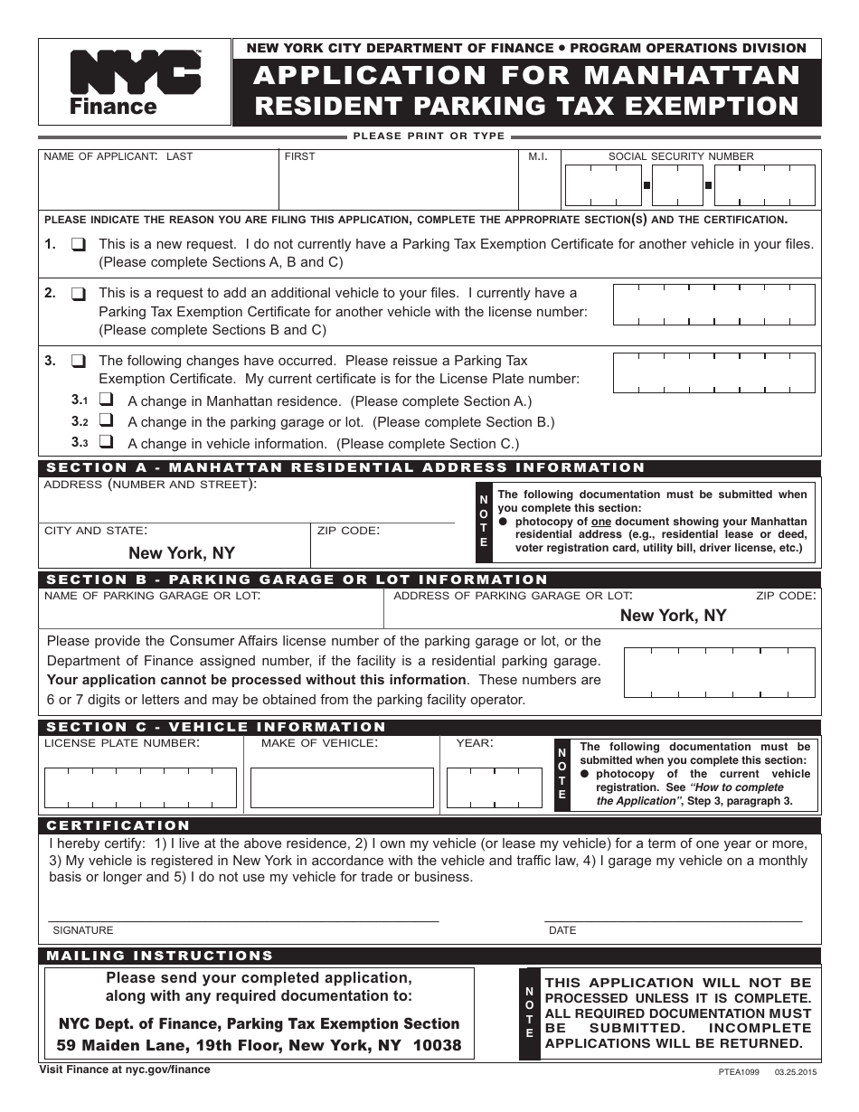 Form PTEA1099 Application for Manhattan Resident Parking Tax Exemption - New York City, Page 1
