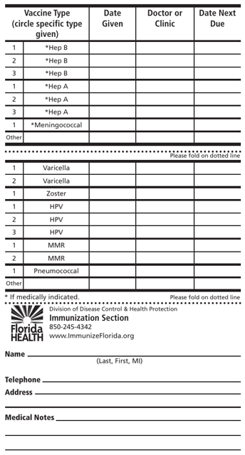 Form DH686 Immunization Record - Florida
