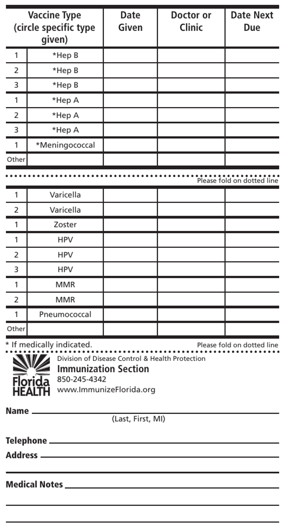Form DH686 Immunization Record - Florida, Page 1