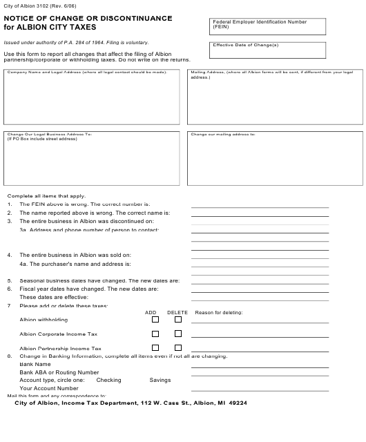 Form 3102 Download Printable PDF or Fill Online Notice of Change or