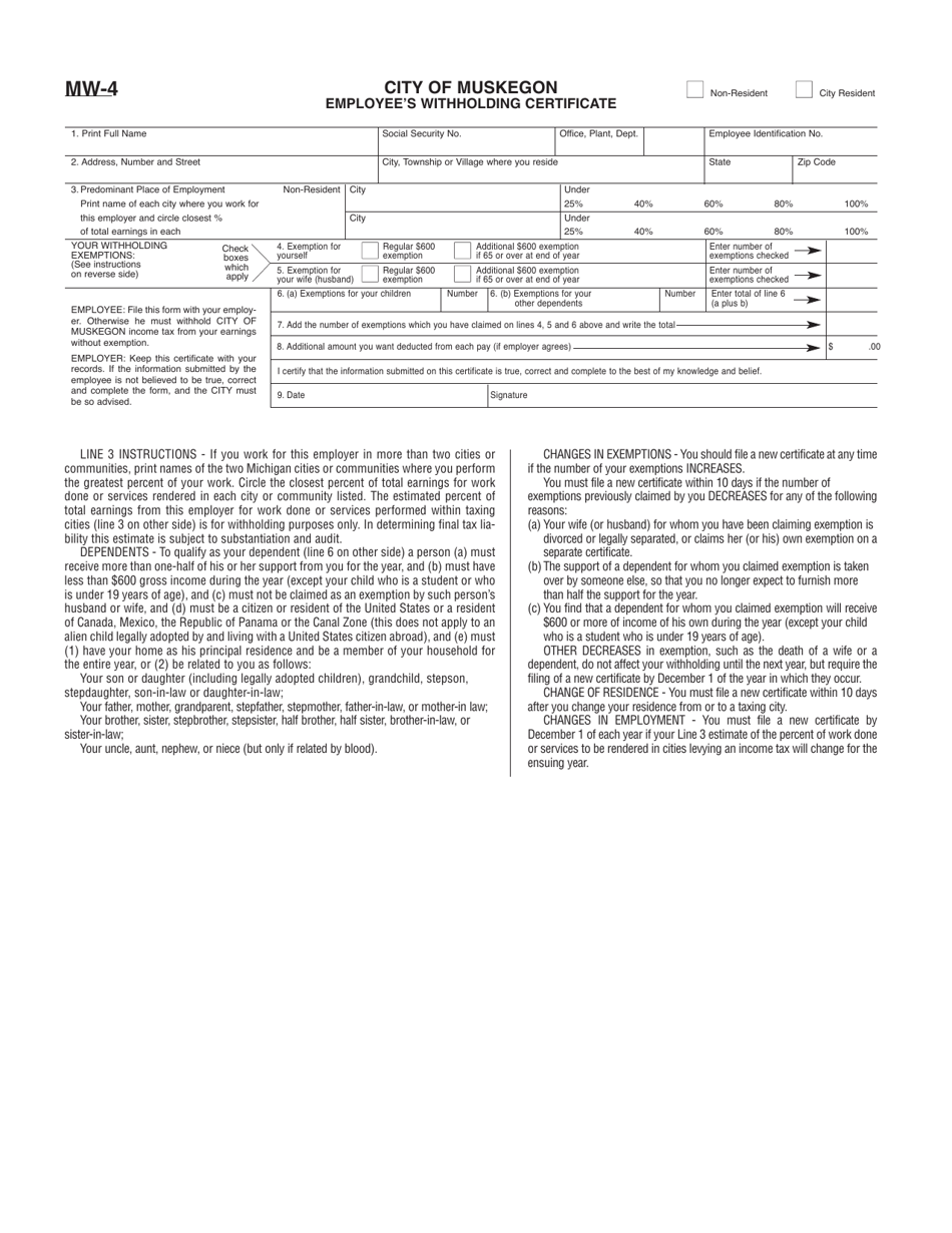 Form MW-4 - Fill Out, Sign Online and Download Printable PDF, City of ...