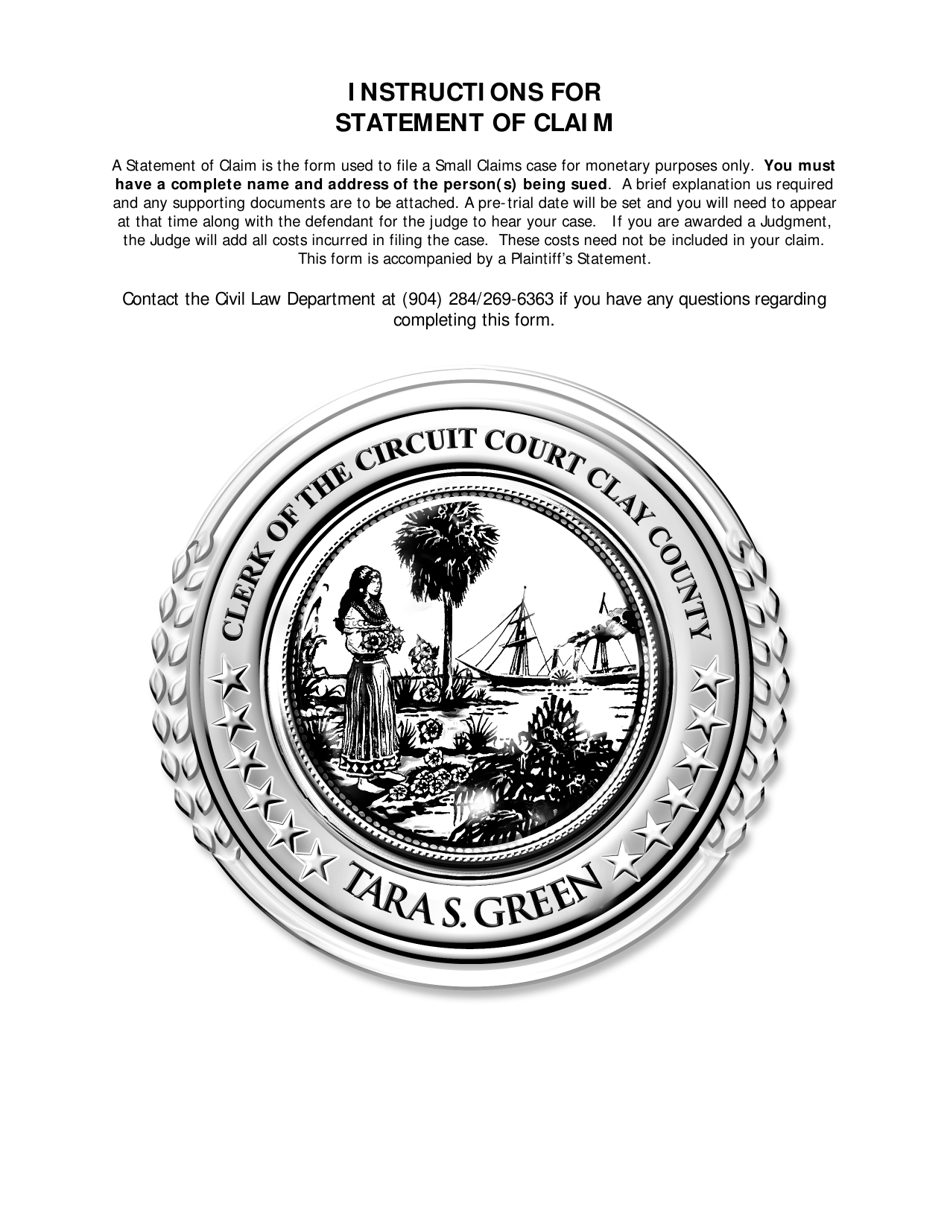 Statement of Claim - Clay County, Florida, Page 1