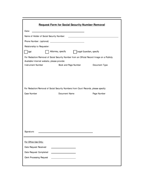 "Request Form for Social Security Number Removal" - Clay County, Florida Download Pdf