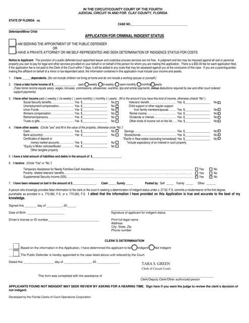 Application for Criminal Indigent Status - Clay County, Florida Download Pdf