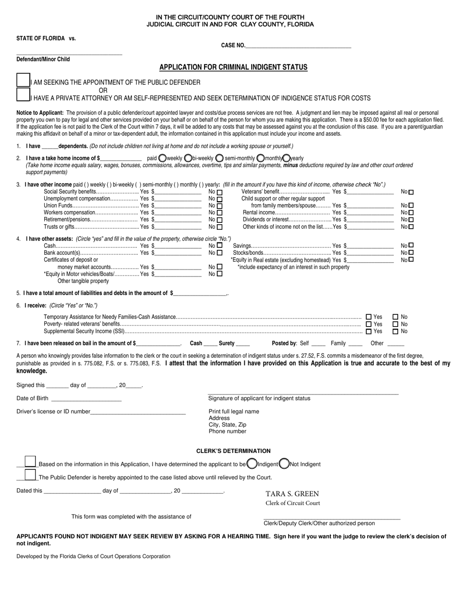 Application for Criminal Indigent Status - Clay County, Florida, Page 1