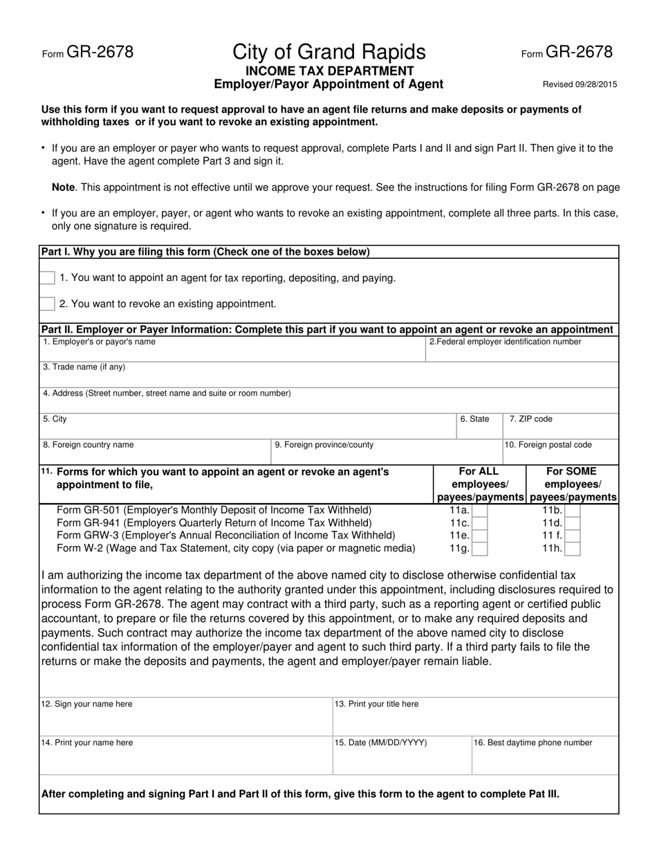 Form GR-2678 Employer / Payor Appointment of Agent - City of Grand Rapids, Michigan, Page 1