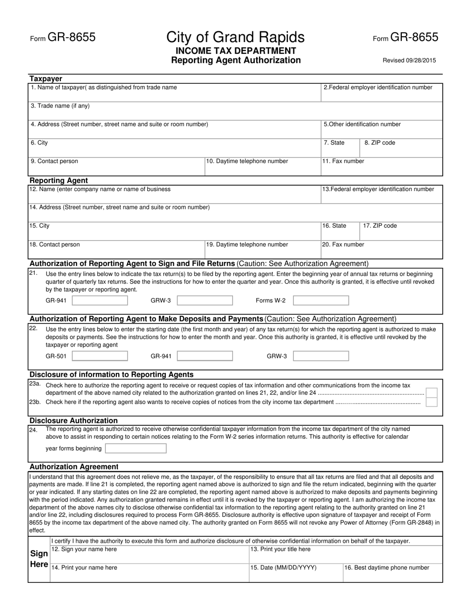 Form GR-8655 Reporting Agent Authorization - City of Grand Rapids, Michigan, Page 1