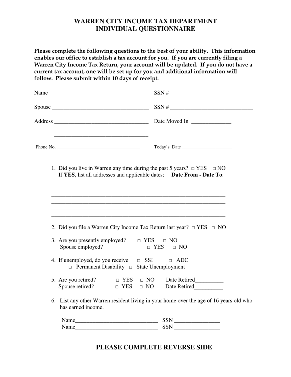 City of Warren, Ohio Individual Questionnaire Download Printable PDF