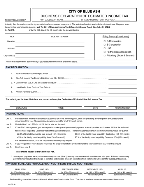 Business Declaration of Estimated Income Tax - City of Blue Ash, Ohio Download Pdf