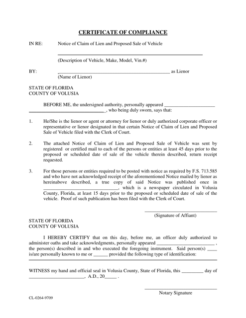 Form CL-0264-9709 Certificate of Compliance - Volusia County, Florida