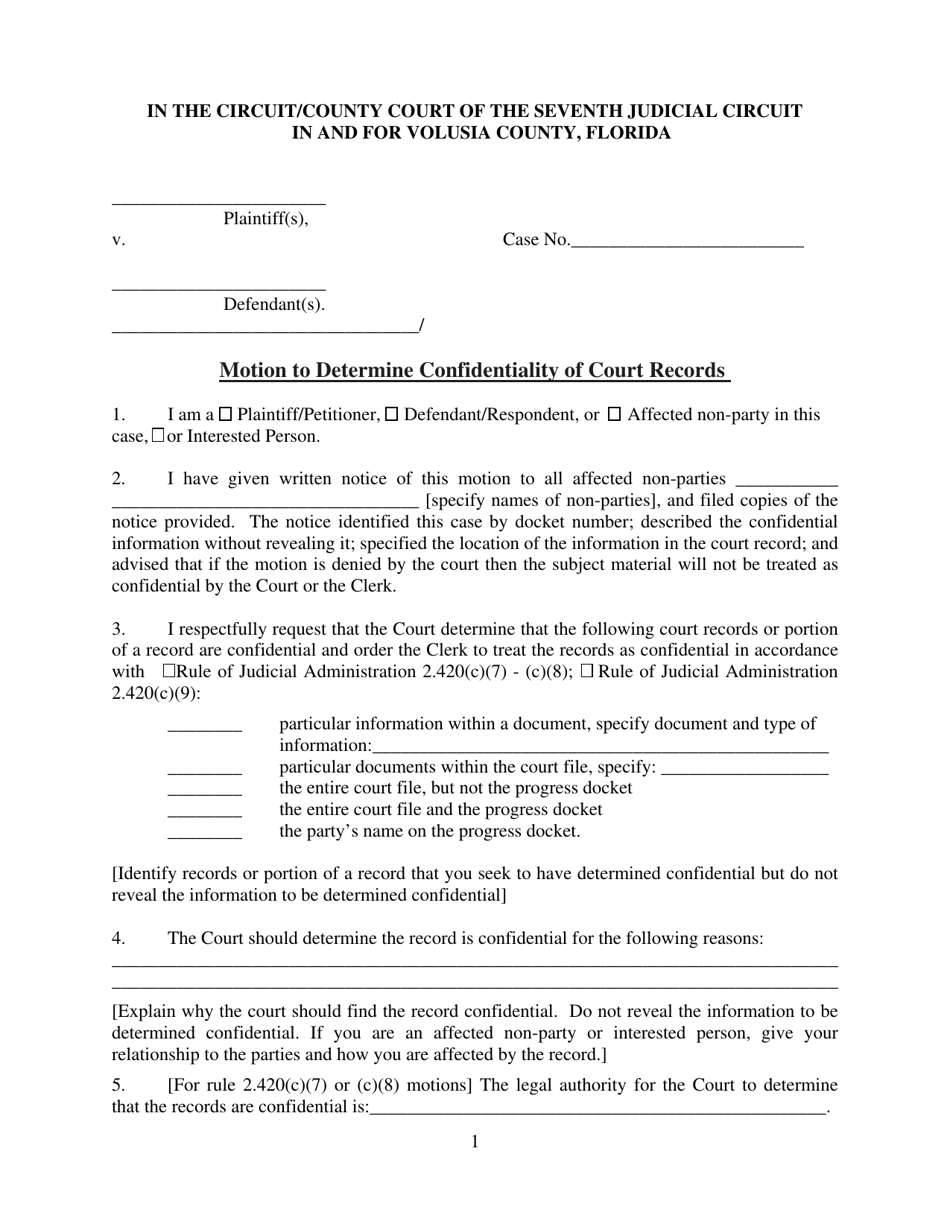 Motion to Determine Confidentiality of Court Records - Volusia County, Florida, Page 1