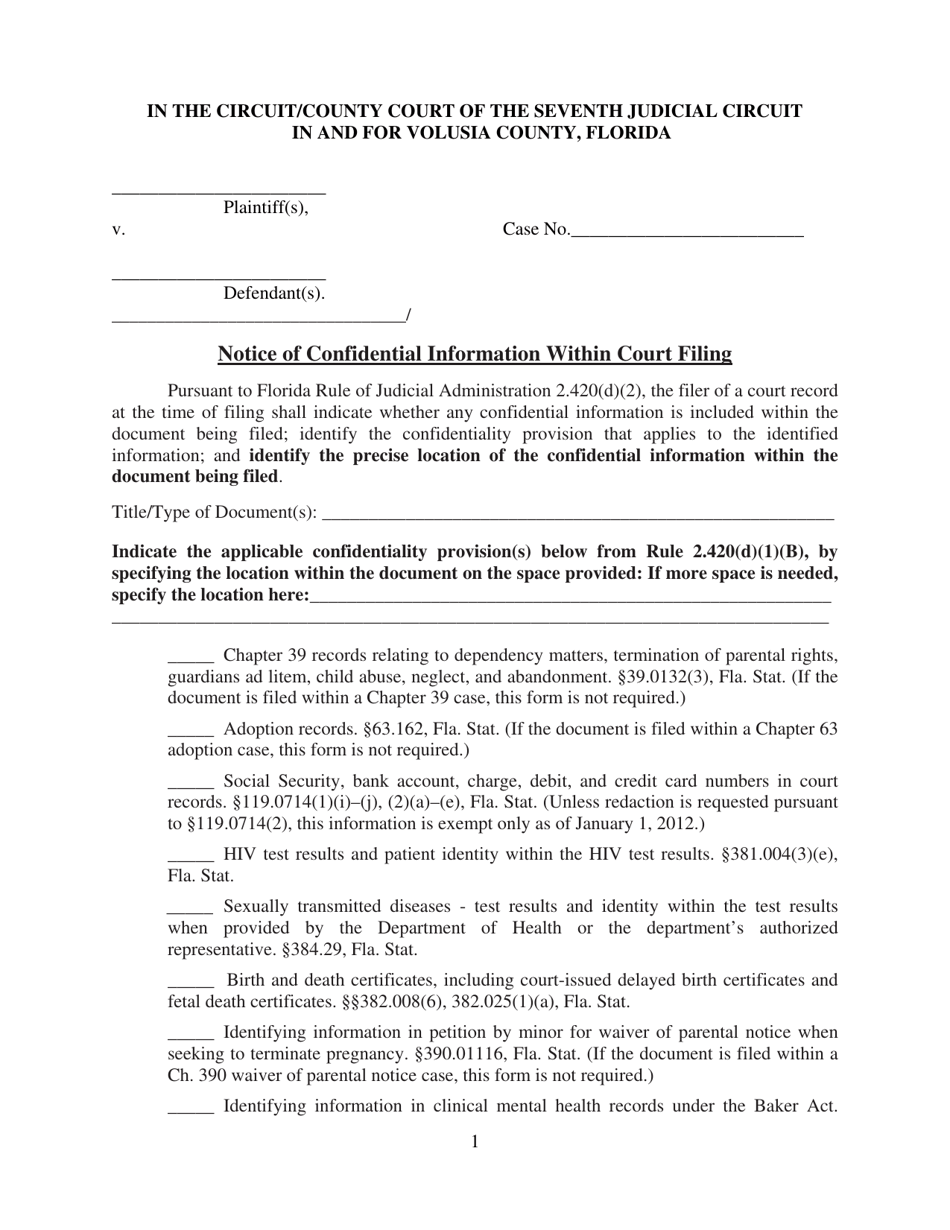 Notice of Confidential Information Within Court Filing - Volusia County, Florida, Page 1