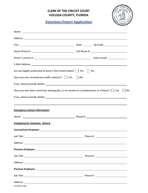Form CL-0479-1108 Volunteer/Intern Application - Volusia County, Florida